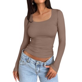 Trendy Queen Womens Long Sleeve Shirts Crop Tops Fall Fashion 2025 Square Neck Going Out Basics Tees Y2k Clothes Coffee Grey M