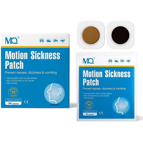 MQ 14ct Motion Sickness Patch for Car and Boat Rides, Cruise and Airplane Trips - Relieves Nausea, Dizziness & Vomiting from Seasickness, Fast Acting and No Side Effects
