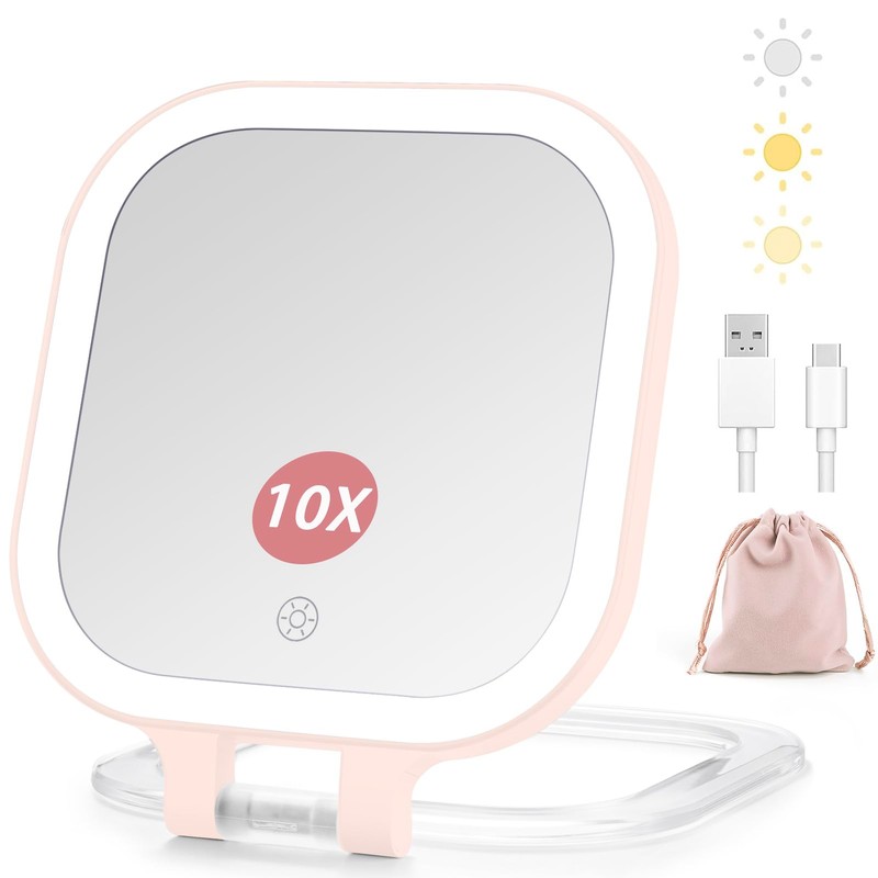 DESCHEN Rechargeable Travel Makeup Vanity Mirror with Lights and Magnification,