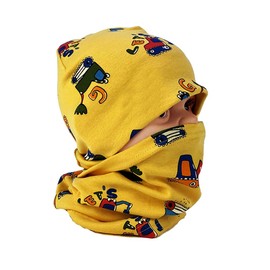 FUYAO Baby Kids Cotton Hat and Tube Scarf Set Children Toddler Spring Autumn Winter Warm Beanie Cap Scarves for Boys and Girls (Yellow Excavator, 3-6 Years)