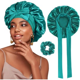 1 x Satin Night Cap Silk Hat for Women Head Size Adjustable for Curly Natural Hair (Green)