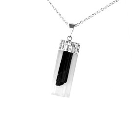 Black Tourmaline and Selenite Stacked Pendant Necklace Sterling Silver Chain Handmade by mmCrystals™