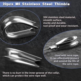 LEONTOOL 20pcs M6 304 Stainless Steel Thimble 1/4 Inches Diameter Wire Rope Cable Thimbles Rigging 6mm Thimbles Rigging Heavy Duty Cable Clamps Assortment