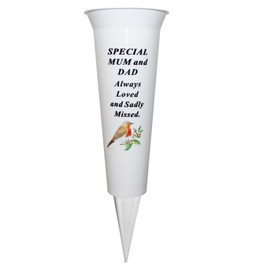 Memorial Grave Flower Pot - 33cm tall Sturdy White Memorial Graveside Flower Vase with Spike and Robin Image (Special Mum and Dad)