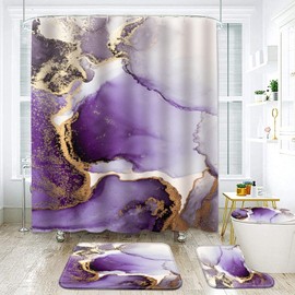 RLHHUG Purple Gold Marble Shower Curtain Sets with Rugs for Bathroom Decor, 72x72 Inches Gold Shower Curtain with Non-Slip Rugs and Accessories, Waterproof Machine Washable Bath Curtain
