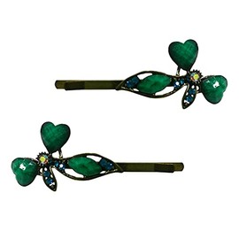Pair of Sweetheart and Ribbon Hairpins with Colorful Beads and Sparkly Rhinestones P86375-2pairAqua green