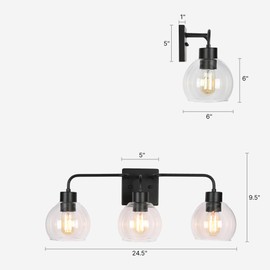 GEPOW Black Vanity Light, Modern Farmhouse Clear Glass Bathroom Light Fxitures, 3-Light Vanity Lighting Over Mirror