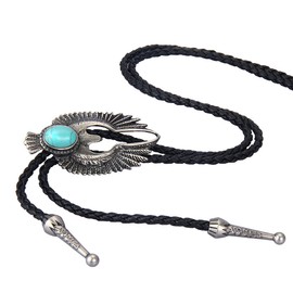 AZORA Thunderbird Bolo Tie Turquoise Brass Bird Gifts for Him Native American Indian Leather Cowboy Necktie Mens Leather Bola Necklace Men