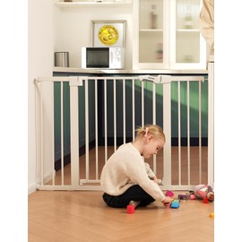Babelio Metal Baby Gate, 29-48“ Auto Close Easy Install Pet Gate, Extra Wide Walk Thru Child Safety Gate, Pressure Mounted Dog Gate for Doorways & Stairs, with Y Spindle Rods, White