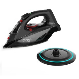 OMAIGA Cordless Iron for Clothes, 1500W Steam Iron Rapid Heating, Ceramic Soleplate, Auto Shut Off, Self-Clean, Anti-Calc, 3 Temperature Settings, 12.85oz Water Tank Ironing Clothes for Home, Black