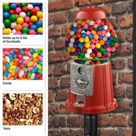 15” Gumball Machine with Stand and Coin Bank - Bubble Gum Machine Candy Dispenser Vending Machine with Glass Globe and Metal Base - Vintage Style Gum Ball Machine by Great Northern Popcorn (Red)