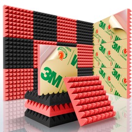 Sonicism Acoustic Panels Self-Adhesive Pyramid 12 Pack,12" X 12" X 1" Sound Proof Foam Panels for Walls,35kg/m³High Density Soundproof Wall Panels Fast Expand,Sound Absorption & Decoration(Black/Red)