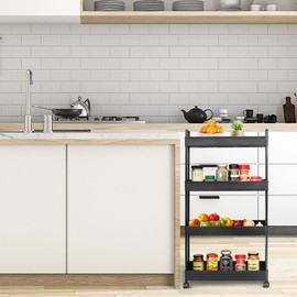 Holiday Haul&Christmas Gifts, Jelymark Slim Rolling Storage Cart with Wheels, Bedside Cart, 4 Tier Bathroom Organizer, Rolling Utility Cart for Kitchen, Bathroom, Laundry Room, Office, Narrow Place - color: Black, size: 8.77"