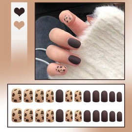 Autumn Winter Press on Nails Short Square Fake Nails with Brown Leopard Designs Full Cover Black Matte Stick on Nails Early Autumn Coffee Color Artificial Acrylic Nails Glue on Nails for Women 24Pcs