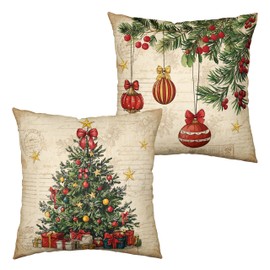 Kwlegh Retro Christmas Pillow Covers Xmas Tree Vintage Decorative Throw Pillow Covers 18x18 Set of 2 Pine Tree Holly Berry Pillow Case Cushion Case for Holiday New Year Decoration Couch Sofa