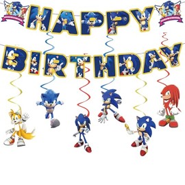 6Pcs Sonic Birthday Decorations,Sonic Bunting Garland and Hanging Decoration for Kids Birthday Sonic Happy Birthday Banner,Hanging Swirls Theme Birthday Party Decor for Kids Birthday Party