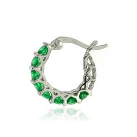 Sterling Silver Simulated Emerald Small Round Huggie Hoop Earrings