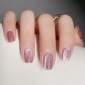 KQueenest Light Pink Press on Nails Cat Eye, Glitter Press on Nails Short Square, Sparkly Shiny Fake Nails With Design, Cute Bling Glue on Nails Short Coffin Stick on Nails for Women Party Holiday Wear, 30 Pcs