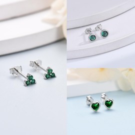 Sterling Silver Studs Earrings Set for Women Men, 3 Pairs Hypoallergenic Flower Heart Round Green Cubic Zirconia Stud Cartilage Helix Studs for Multiple Piercing
