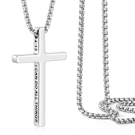 Ldurian Cross Necklace for Men | Bible Verse Inspirational Cross Pendant Necklaces | Stainless Steel Religious Christian Jewelry for Women, 24inch, Stainless Steel, No Gemstone