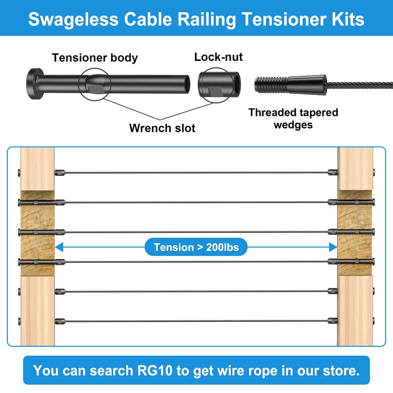 RailinGo 20Pack 1/8" Swageless Cable Railing Tensioners, Black Cable Railing