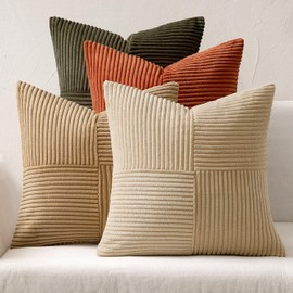 MIULEE Set of 4 Rust-Olive Green Decorative Corduroy Throw Pillow Covers 16x16 Inch Patchwork Striped Boho Cushion Cases Modern Farmhouse Pillow Cases Home Decor for Sofa Couch Living Room Bed