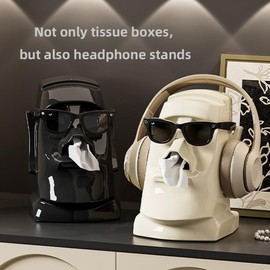 MapleFrost Moai Easter Island Statue Tissue Box Cover, Decorative Facial Tissue Holder, Multi Functional Glasses and Headphone Holder