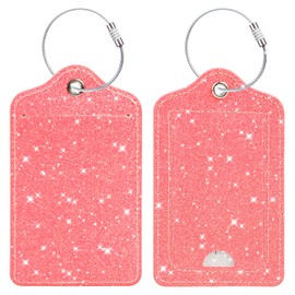 2Pcs Sparkling Coral Pink Glitter Luggage Tags for Suitcases - Stylish PU Leather ID Tags with Privacy Flap, Durable Steel Strap, Featuring Airplane Symbol, Travel Bag Identifier for Women & Girls