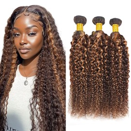 Dokksiiia Curly Wave Bundles Ombre P4/30 Highlight Piano Color Mix (Dark Brown & Brown) Human Hair Double Weft Brazilian Human Hair Extensions Weave 3 Bundles 20 22 24 Inch for Black Women