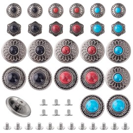 AHANDMAKER 24 Sets Decorative Buttons 12 Styles Conchos for Leather Sunflower Decorative Rivets Studs 12-20mm Turquoise Round Conchos Vintage Metal Screw Button for DIY Leather Craft