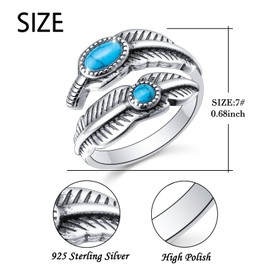 925 Sterling Silver Ring Adjustable Turquoise Feather Ring Stacking Ring Vintage Statement Ring for Women Men