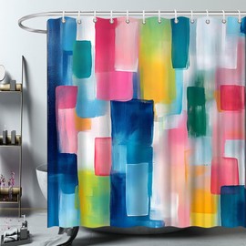 ZFMRZF Abstract Watercolor Shower Curtain Blue and Pink Teal Blocks Geometric Modern Contemporary Colorful Aesthetic Minimalist Bathroom Polyester Curtains Set with Hooks 70x70 Inch