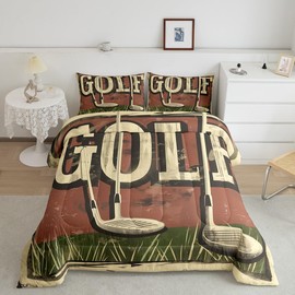 Manfei Golf Comforter Set Twin Size,Golf Club Sport Lovers Fashion Bedding Set for Kids Teens,Spoting Game Retro Graffiti Down Comforter,Vintage Beige Green Duvet Insert,2 Pcs 1 Pillowcase