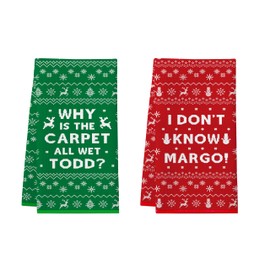 National Lampoon's Christmas Vacation Decorations, 2 Pack Funny Christmas Kitchen Towels, Griswold Family Cousin Eddie Christmas Vacation Merchandise - Why is The Carpet All Wet? I Don't Know Margo