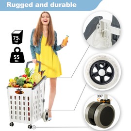 Portable Folding Shopping Cart,White Foldable Grocery Cart on Wheels,Collapsible Rolling Basket Trolley,Rolling Swivel Wheels,Utility Carts for Grocery Laundry Shopping Home Office