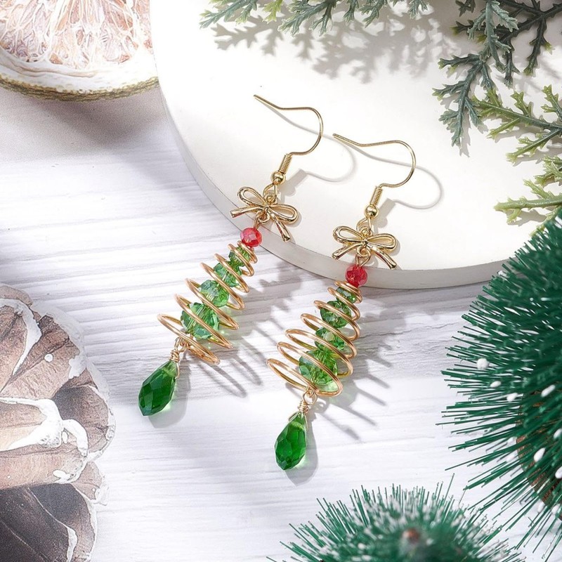 Gold and Green Glass Christmas Tree Dangle Earrings Girls Earrings
