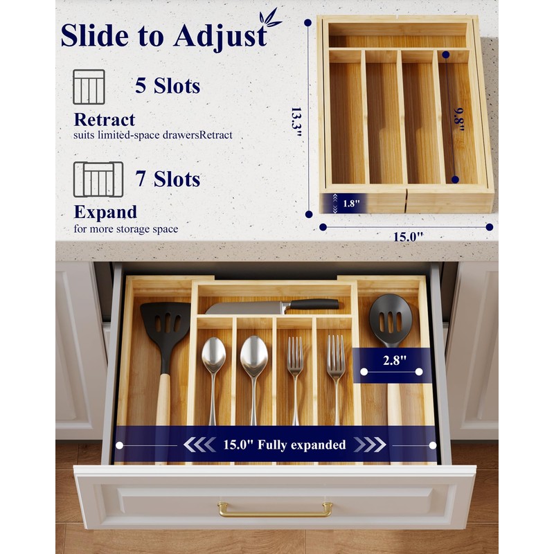 Kitsure Thickened Silverware Organizer - Expandable Bamboo Kitchen Drawer Organizer