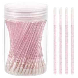Tbestmax 100 Pcs Disposable Lip Brush with Container, Crystal Pink Lip Applicators Lipstick Lip Gloss Wands