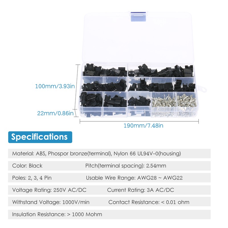 480Pcs JST 2.54mm Pitch 2-Pin 3-Pin 4-Pin Connector Housing Assortment