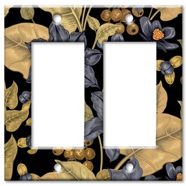 Art Plates 2-Gang Rocker (Decora) OVERSIZE Switch Plate - OVER SIZE Decorative Metal Wall Plate - Black and Gold Flowers - (Made in USA)