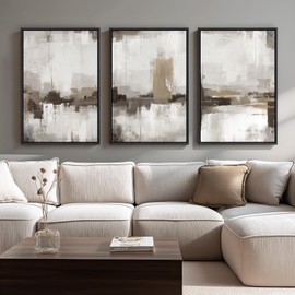 Large Framed Neutral Abstract Wall Art for Living Room, 3 Piece Neutral Toned Modern Canvas Prints Paintings Artwork for Walls, Minimalist Pictures for Living Room, Bedroom, Office Wall Decor 24x36 In