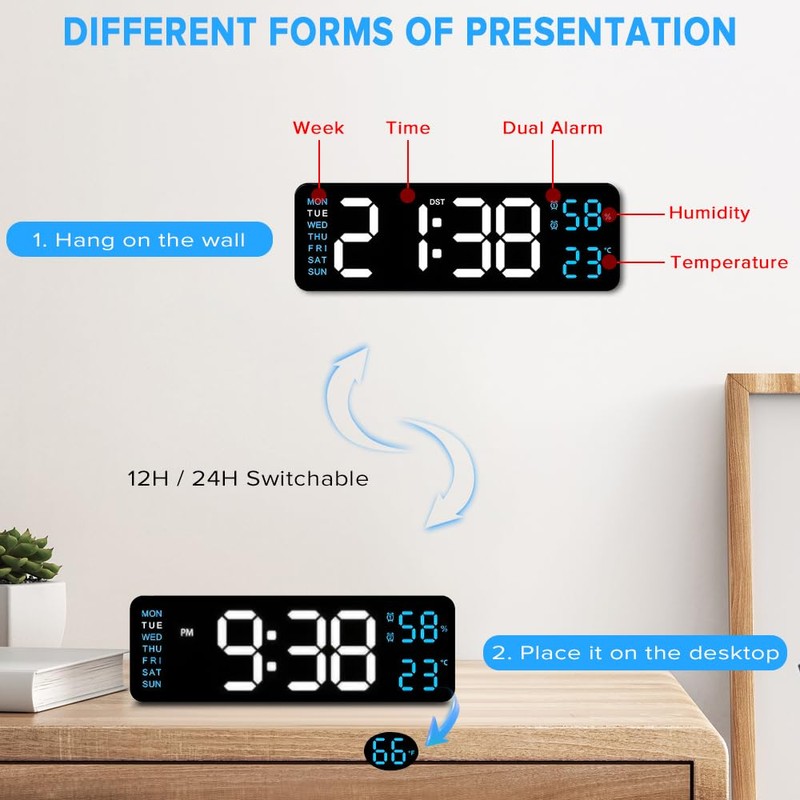 Yakiter Digital Clock, 9" LED Alarm Clock for Bedroom, Bedside