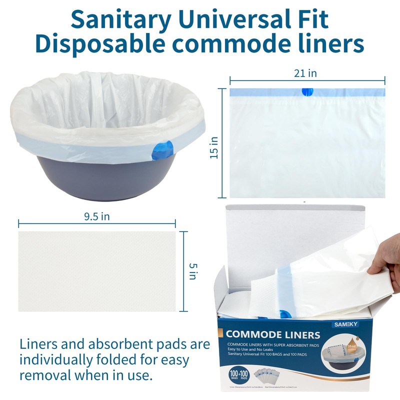 SAMEKY Commode Liners with Absorbent Pads | 100Bags+100Pads for Bedside
