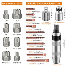 Upgrade Kit 12PCS 3/8" Hand Manual Reversible Impact Driver and 8PCS 3/8" Bolt Extractor, XEWEA Impact Screwdriver Slotted,Phillips,Hexagonal Bit, for Removing Damaged, Rusted Screw Bolt & Fasteners