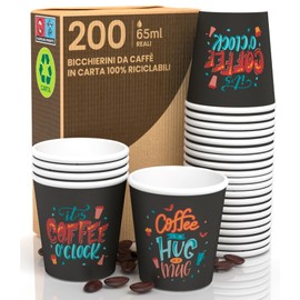 200 Kaffeebecher aus Papier, 65 ml, Coffee O'Clock, umweltfreundlich, biologisch abbaubar, Einweg, klein, zum Mitnehmen, heiße Getränke