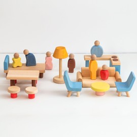 AVDAR Wooden Dollhouse Furniture and Accessories Set, 18 Pcs Miniature Doll House Furniture with Wood Dolls for Bedroom/Living Room/Dining Room Pretend Play Furniture Toys for Kids Boys Girls Age 3+