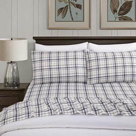 Lodge & Linen Flannel Sheets Queen Size Rich Cotton -High GSM Flannel Bed Sheet Deep Pockets - Warm & Cozy Flannel Sheet Set for All Seasons (Plaid on Chambray)