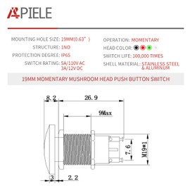 APIELE 19MM Mushroom Head Push Button Switch Momentary Push Button IP65 Waterproof 12V 24V 36V DC 110V 250V AC 5A SPST(19mm, Green)