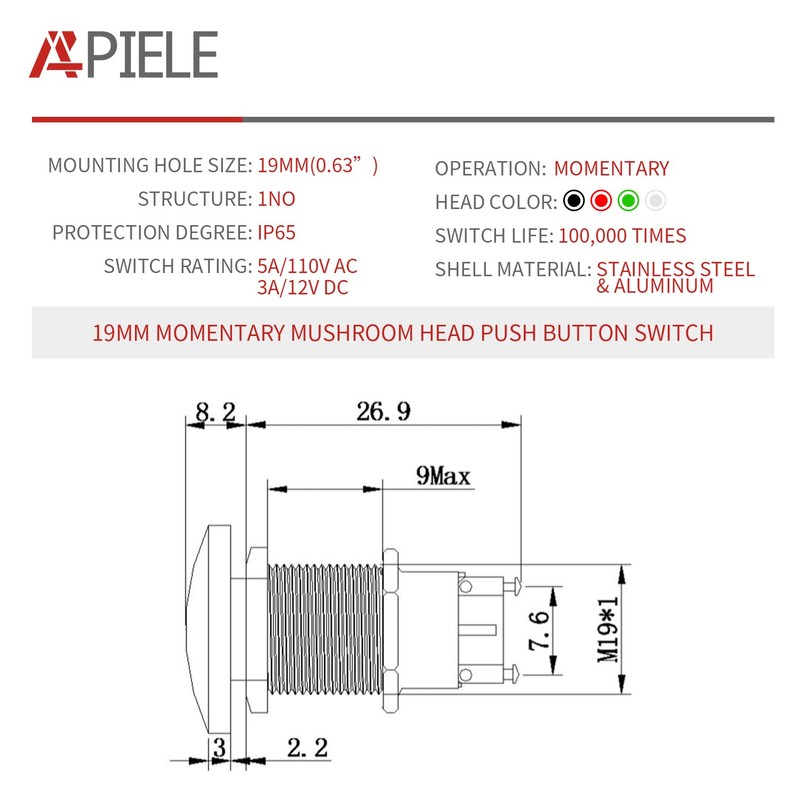APIELE 19MM Mushroom Head Push Button Switch Momentary Push Button