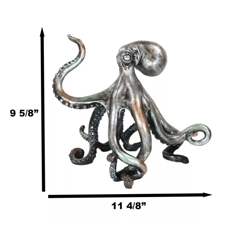 Ebros Large Standing Octopus Statue in Silver Finish Resin Marine
